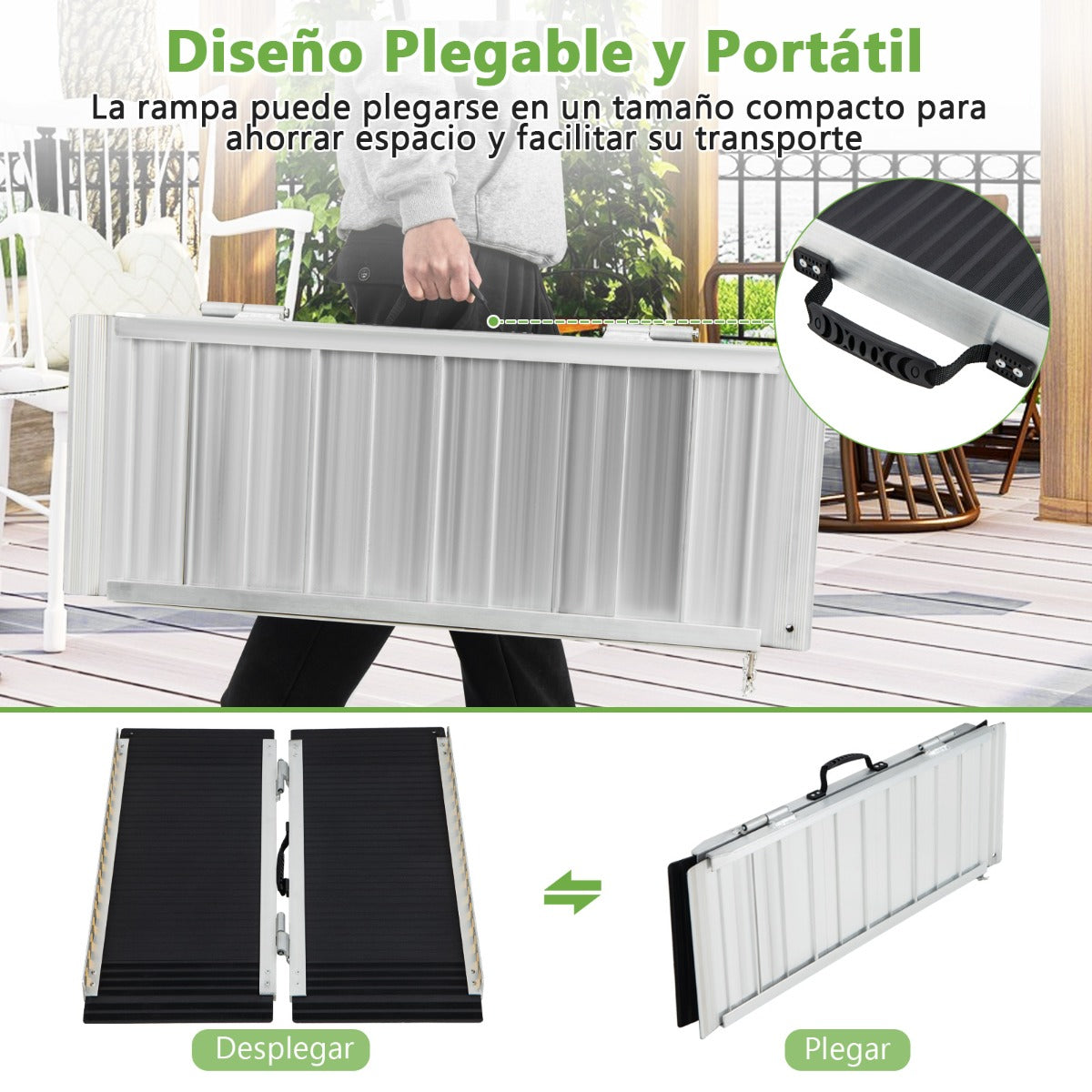 91 cm Rampa Portátil de Aluminio para Silla de Ruedas con Placa de Transición y Superficie Antideslizante para Umbrales y Escaleras