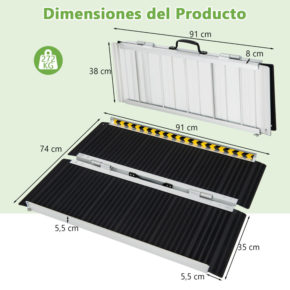 91 cm Rampa Portátil de Aluminio para Silla de Ruedas con Placa de Transición y Superficie Antideslizante para Umbrales y Escaleras