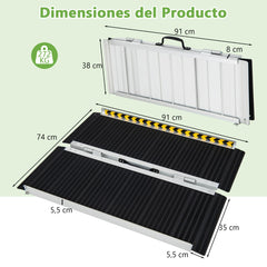 91 cm Rampa Portátil de Aluminio para Silla de Ruedas con Placa de Transición y Superficie Antideslizante para Umbrales y Escaleras