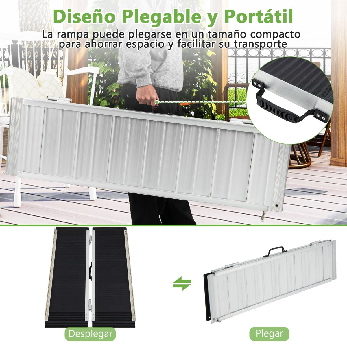 122 cm Rampa Portátil de Aluminio para Silla de Ruedas con Placa de Transición y Superficie Antideslizante para Umbrales y Escaleras