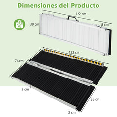 122 cm Rampa Portátil de Aluminio para Silla de Ruedas con Placa de Transición y Superficie Antideslizante para Umbrales y Escaleras