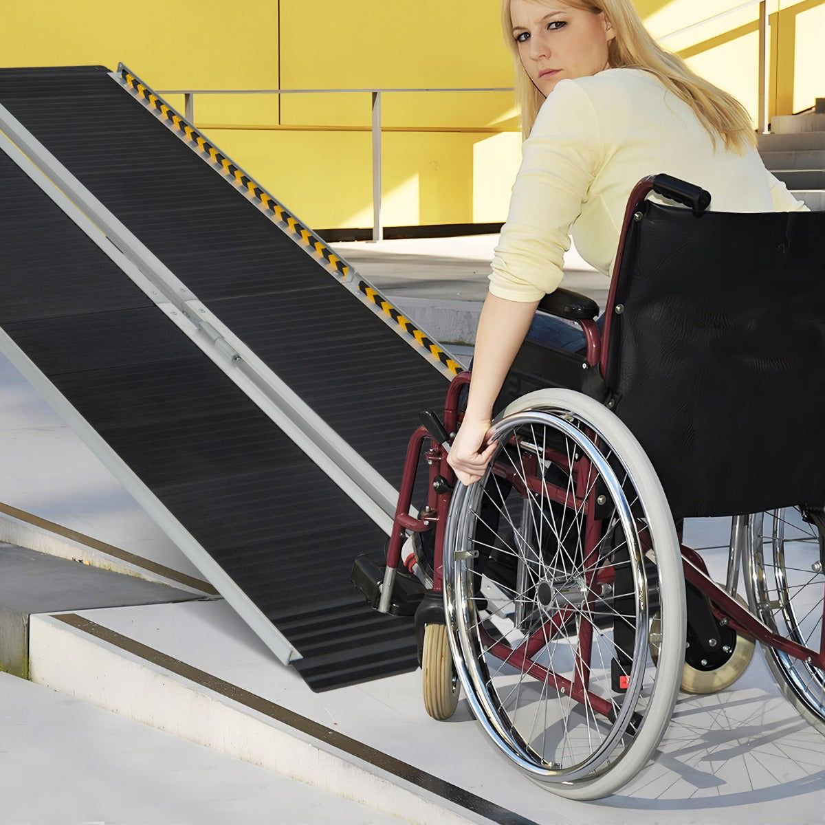 183 cm Rampa Portátil de Aluminio para Silla de Ruedas con Placa de Transición y Superficie Antideslizante para Umbrales y Escaleras