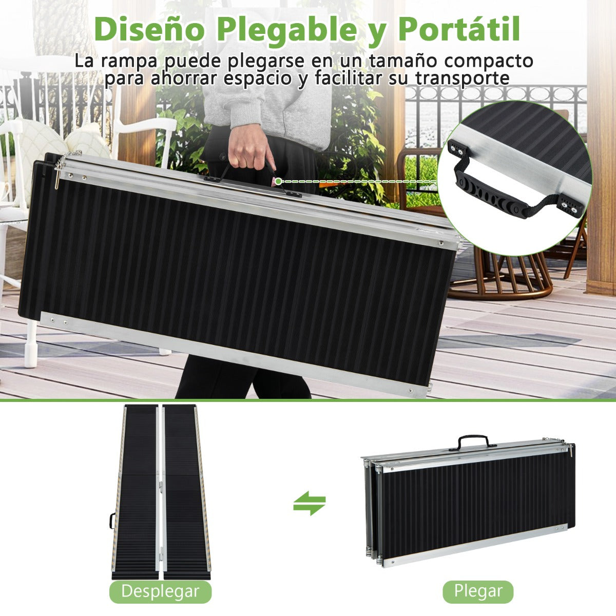 183 cm Rampa Portátil de Aluminio para Silla de Ruedas con Placa de Transición y Superficie Antideslizante para Umbrales y Escaleras