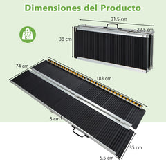 183 cm Rampa Portátil de Aluminio para Silla de Ruedas con Placa de Transición y Superficie Antideslizante para Umbrales y Escaleras