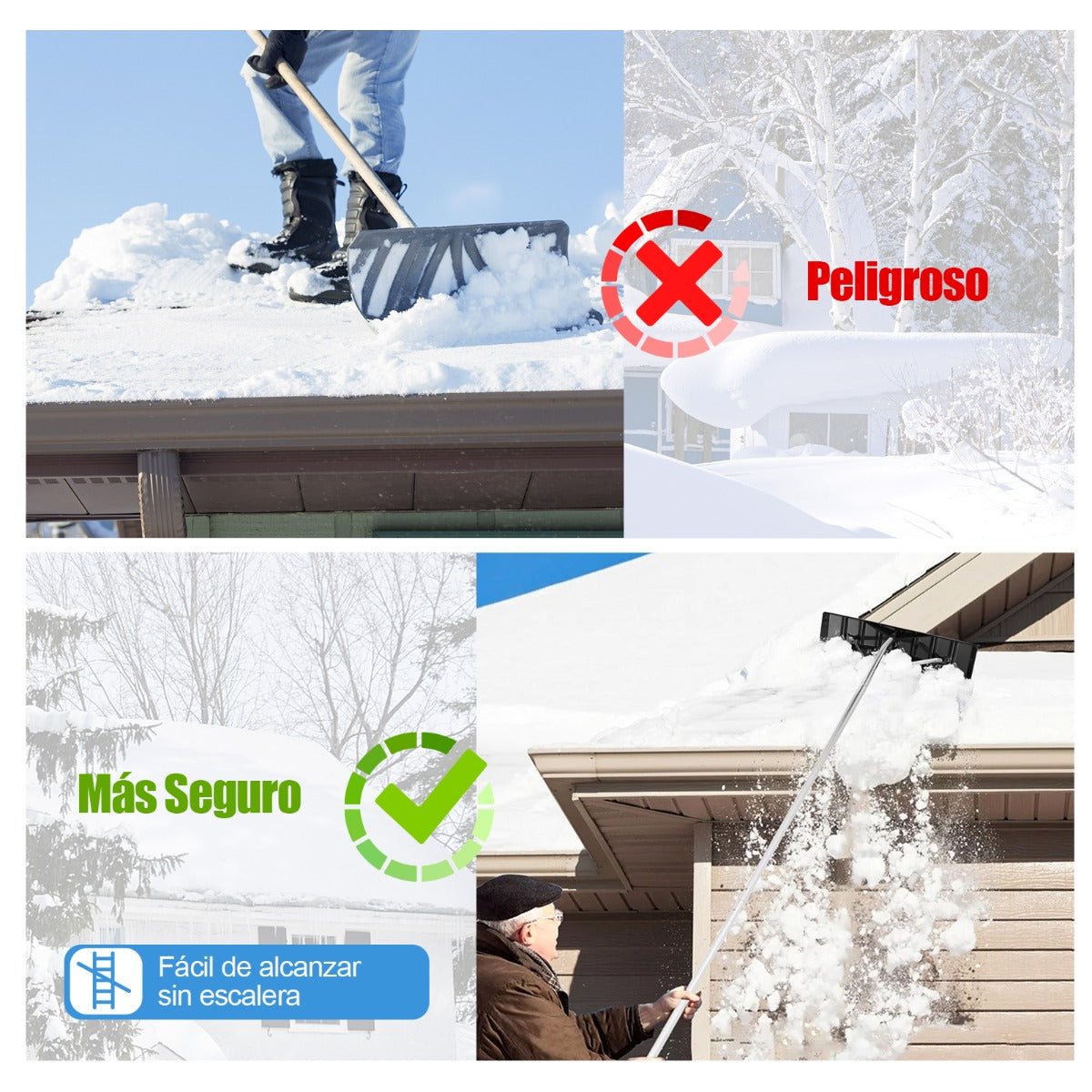 Rastrillo de Aluminio de Altura Ajustable 1,48-6,08m con 4 Postes Extensibles Rastrillo Quitanieves para Techo Nieve Hojas Automóvil