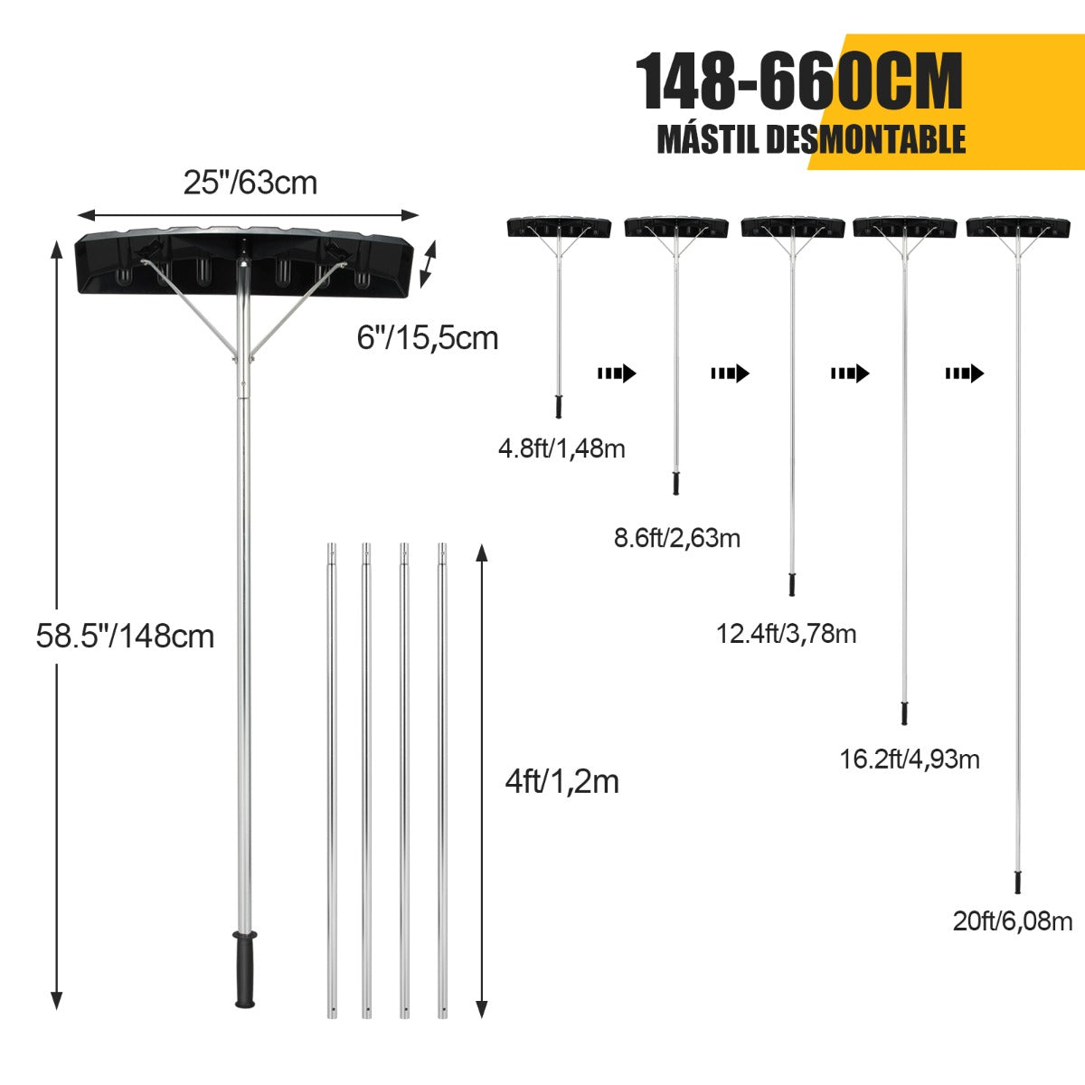 Rastrillo de Aluminio de Altura Ajustable 1,48-6,08m con 4 Postes Extensibles Rastrillo Quitanieves para Techo Nieve Hojas Automóvil