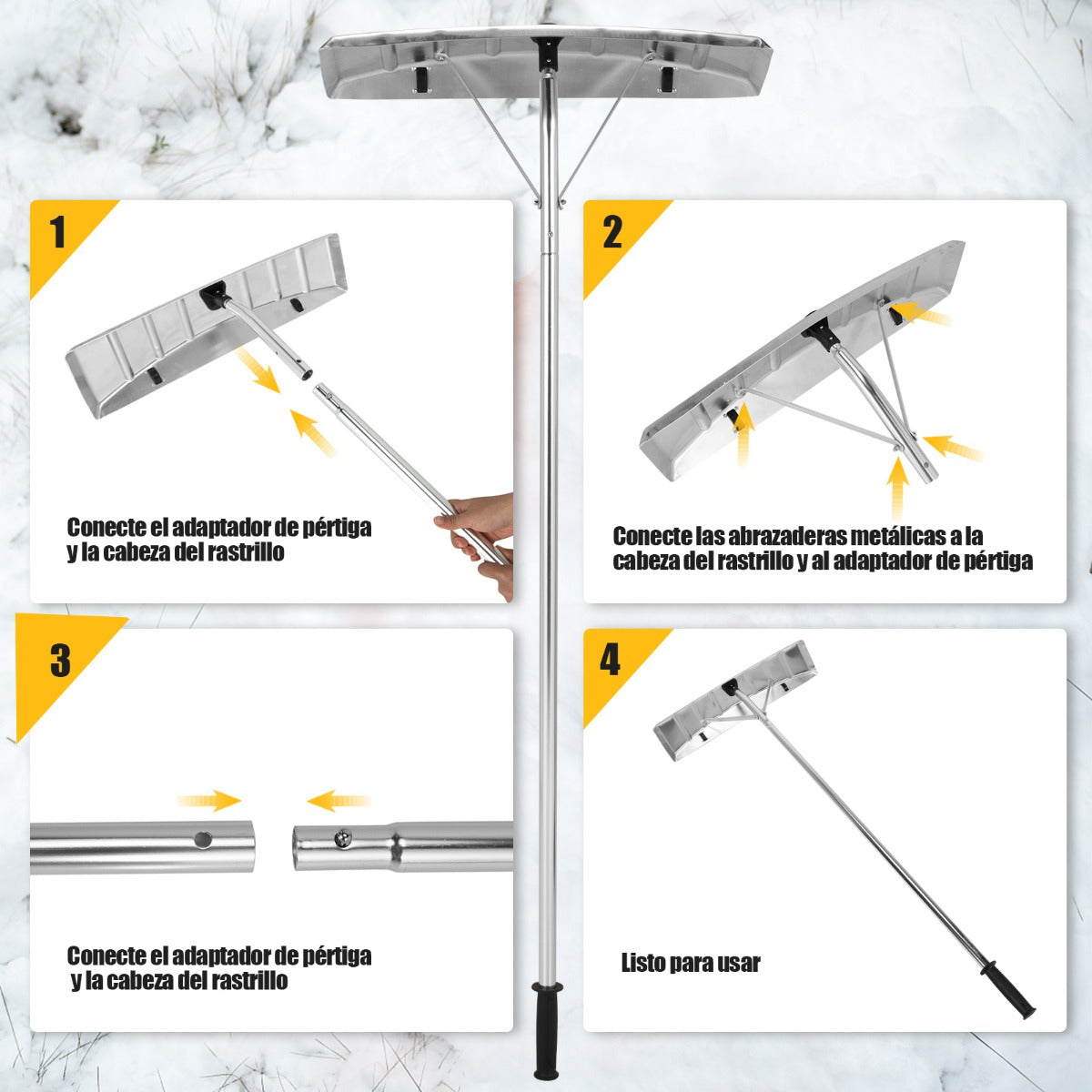 Rastrillo de Nieve para Techo de Aluminio Altura Ajustable 1,46-6,09 m Herramienta de Quitanieve con 1 Palo 4 Postes Extensibles 2 Ruedas