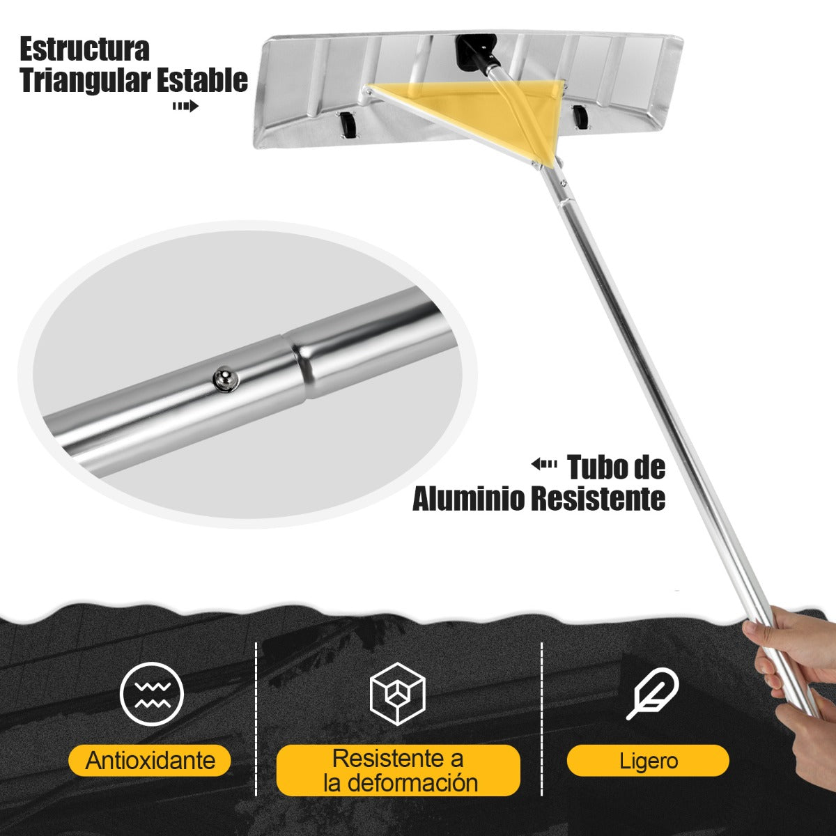 Rastrillo de Nieve para Techo de Aluminio Altura Ajustable 1,46-6,09 m Herramienta de Quitanieve con 1 Palo 4 Postes Extensibles 2 Ruedas