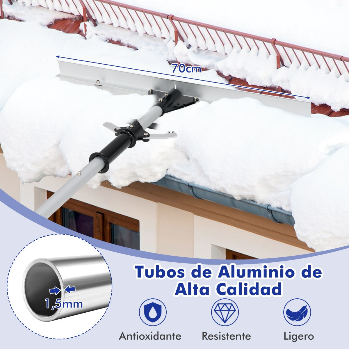 Rastrillo de Nieve de Aluminio Herramienta de Limpieza de Techo con Cabezal Plegable Longitud Máxima de 634 CM 5 Barras Desmontables