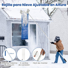 Rastrillo de Aluminio para Techo de 624 cm con 4 Varillas Diseño de Cabeza Ensanchada Rastrillo de Techo para Quitar Hojas Nieve Plata