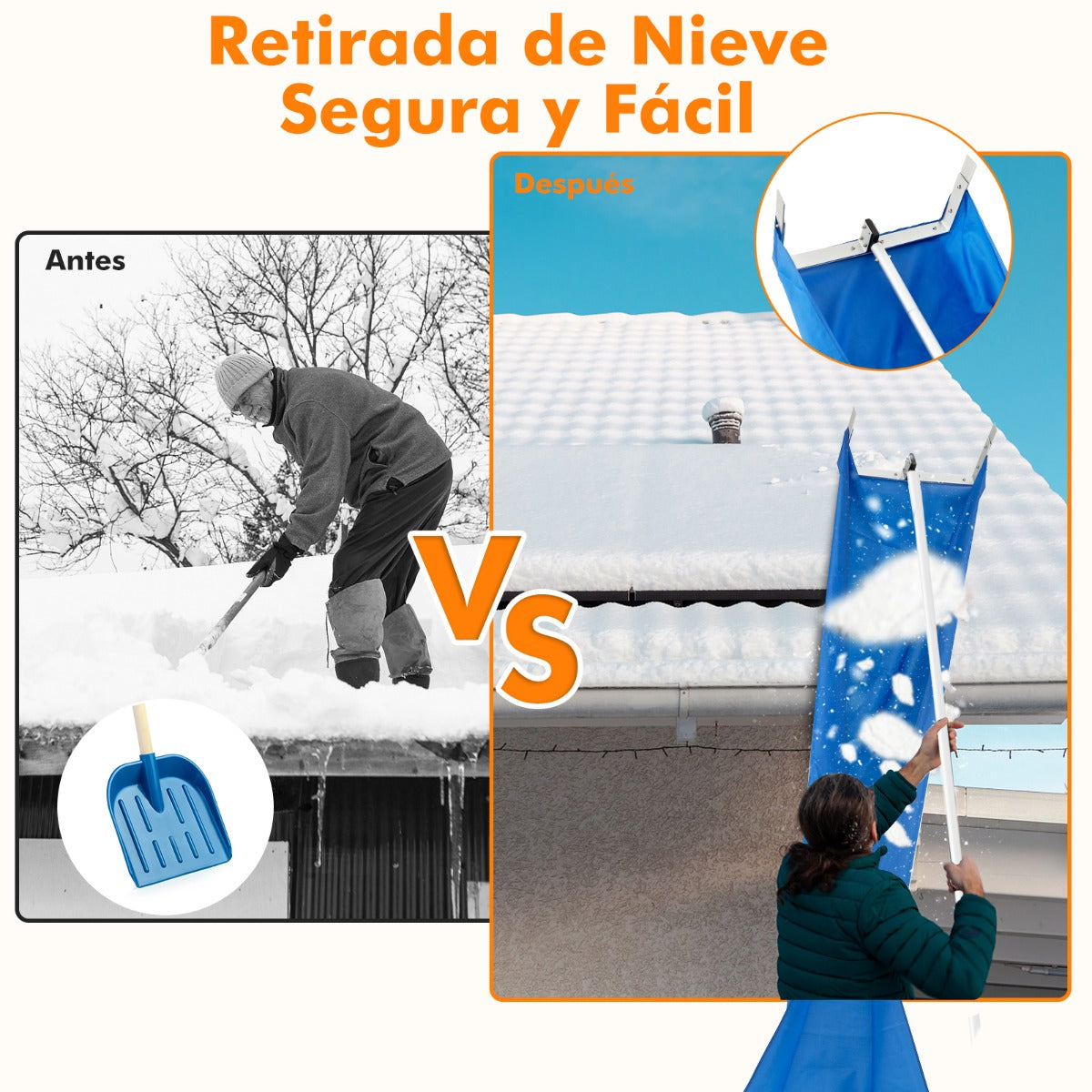 Rastrillo de Techo de 170-608 cm para Quitar Nieve con Ruedas Mango Antideslizante Herramienta y Liviana de Aluminio para Casa y Garaje