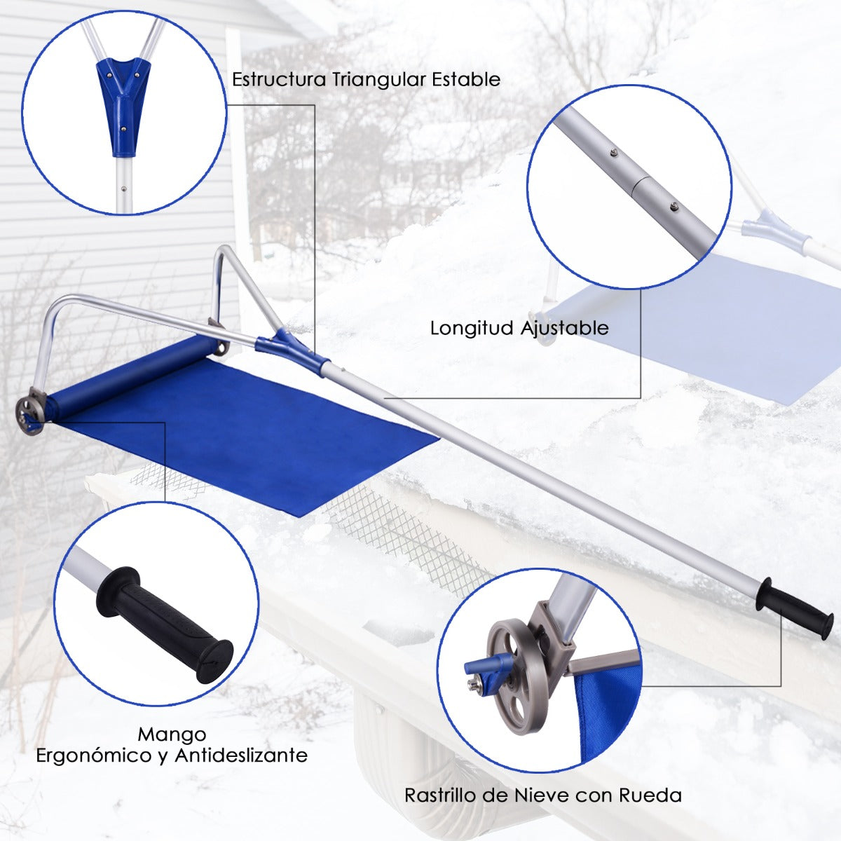 Rastrillo Pala de Nieve Tejado Extensible 180-661cm Ligera Rastrillo Quitanieve de Aluminio con Ruedas Asa Ajustable Antideslizante