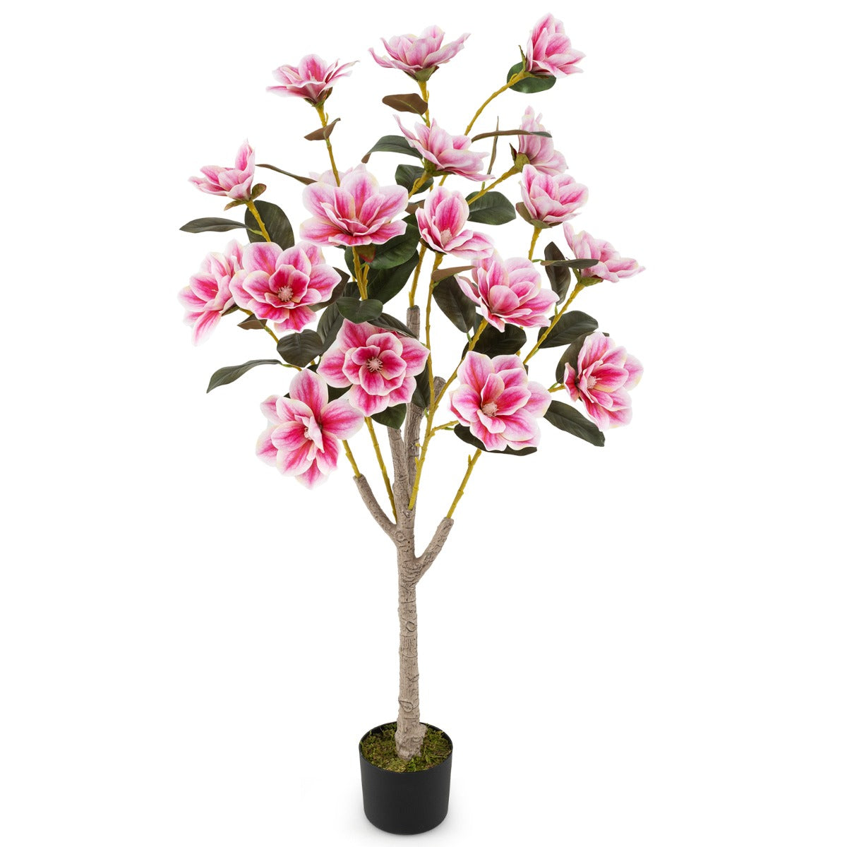 Árbol Artificial de Magnolia de 130 cm con Hojas de PEVA Troncos Multirramificados Musgo Realista