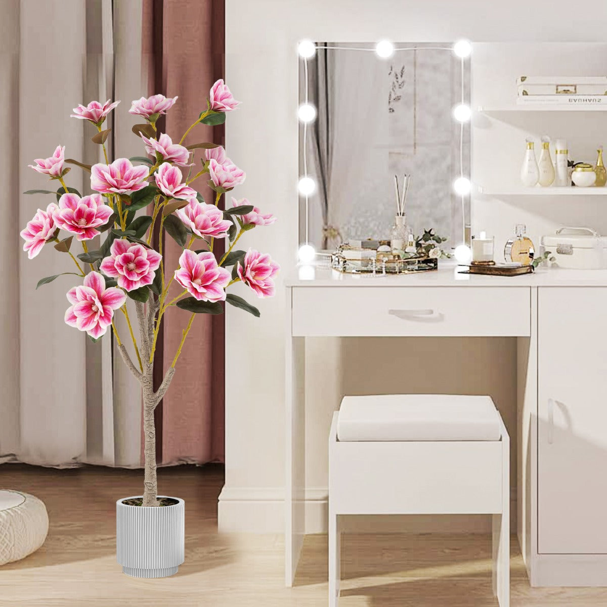 Árbol Artificial de Magnolia de 130 cm con Hojas de PEVA Troncos Multirramificados Musgo Realista