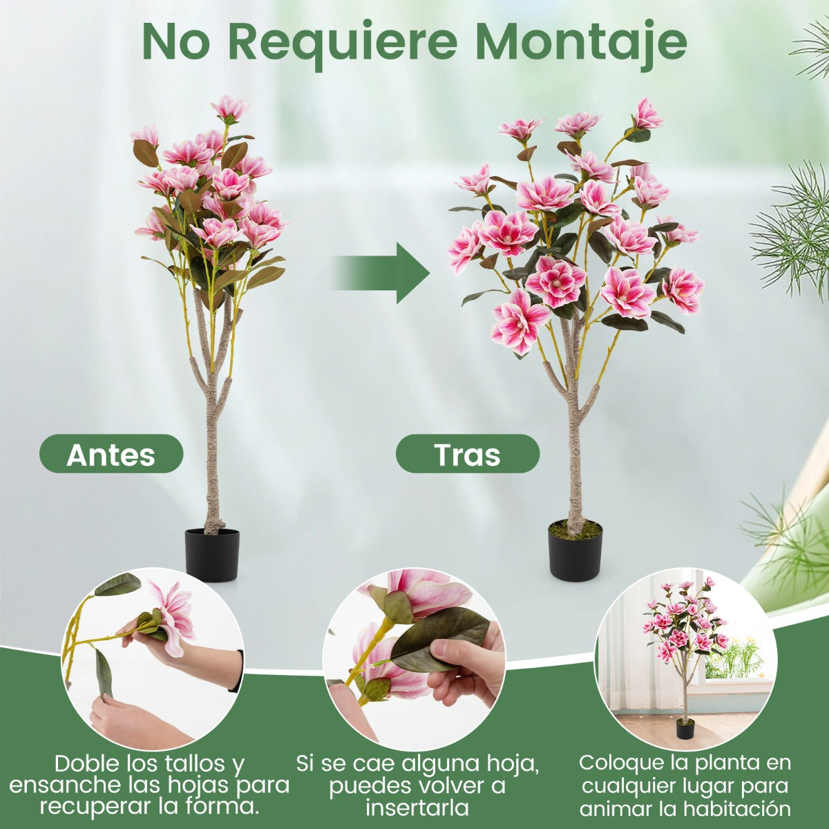 Árbol Artificial de Magnolia de 130 cm con Hojas de PEVA Troncos Multirramificados Musgo Realista