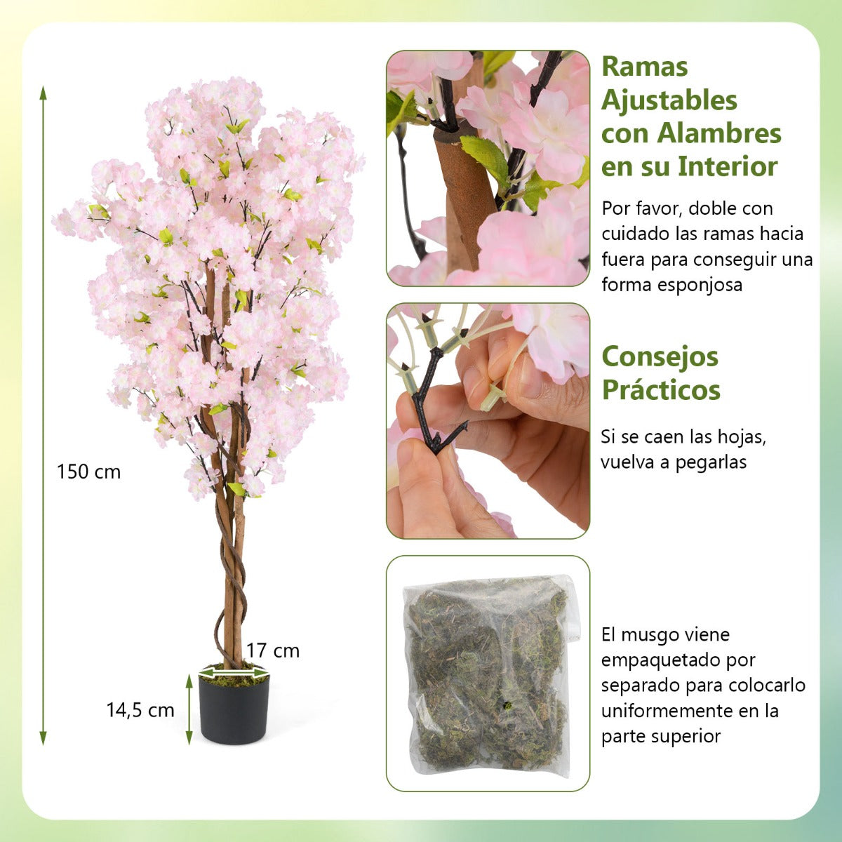 Árbol Artificial de Flor de Cerezo 150 cm Flores Rosas en Maceta de Vivero Decoración para Hogar Oficina