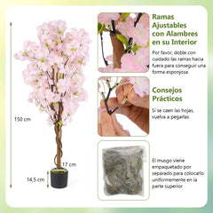 Árbol Artificial de Flor de Cerezo 150 cm Flores Rosas en Maceta de Vivero Decoración para Hogar Oficina