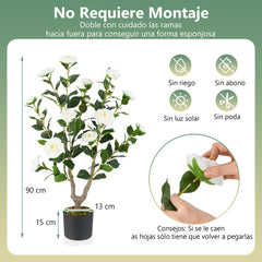 Árbol Artificial de Camelia 90 cm Planta Floral en Maceta de Vivero Decoración para Hogar Salón-Blanco