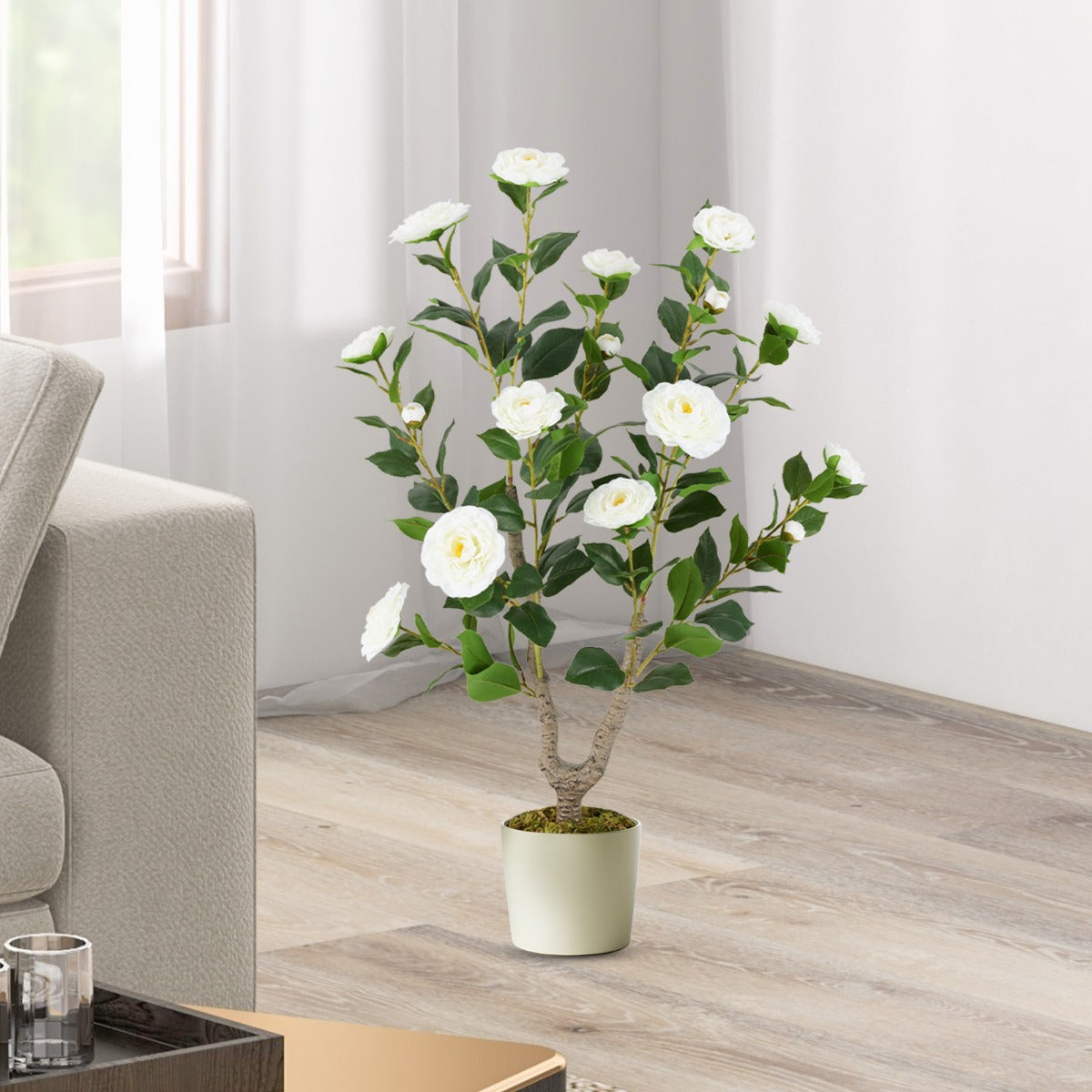 Árbol Artificial de Camelia 90 cm Planta Floral en Maceta de Vivero Decoración para Hogar Salón-Blanco