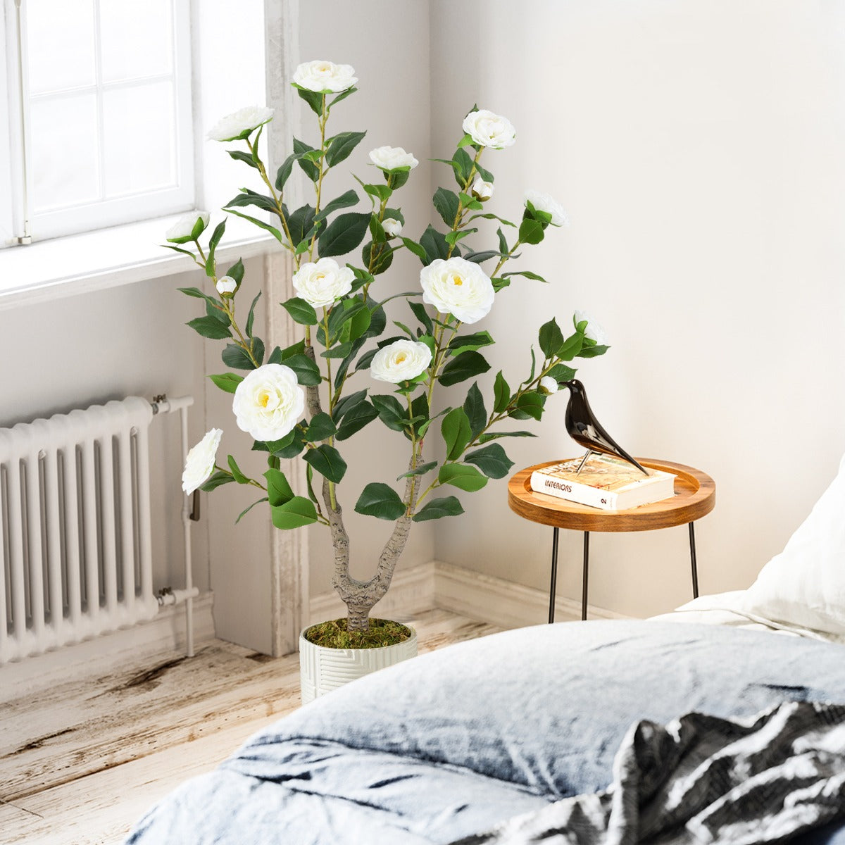 Árbol Artificial de Camelia 90 cm Planta Floral en Maceta de Vivero Decoración para Hogar Salón-Blanco