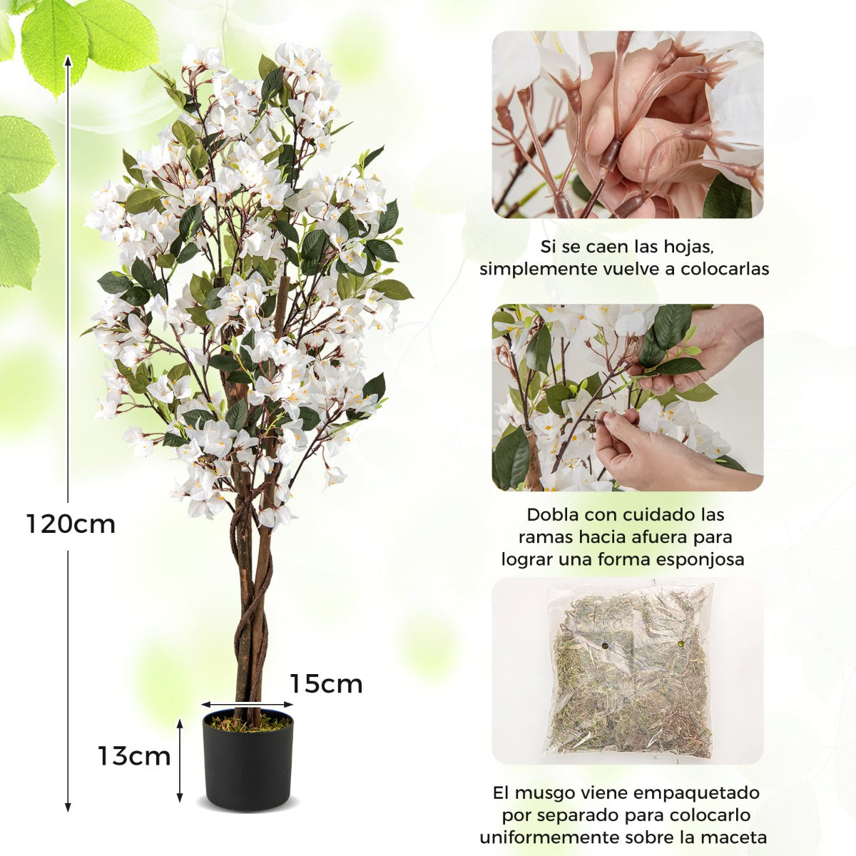 Árbol Artificial de Bugambilia 120 cm Planta de Jardín Falsa Decorativa en Maceta con Flores-Blanco-Juego de 1