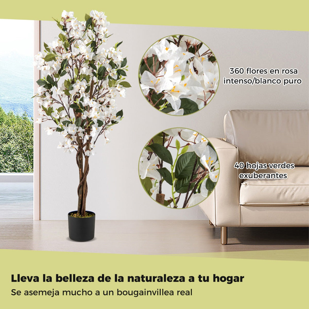 Árbol Artificial de Bugambilia 120 cm Planta de Jardín Falsa Decorativa en Maceta con Flores-Blanco-Juego de 1
