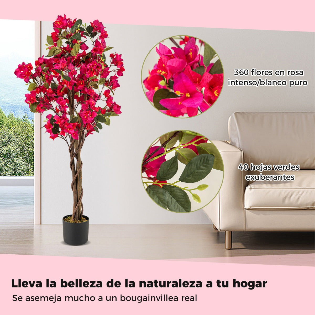 Árbol Artificial de Bugambilia 120 cm Planta de Jardín Falsa Decorativa en Maceta con Flores-Rojo-Juego de 2