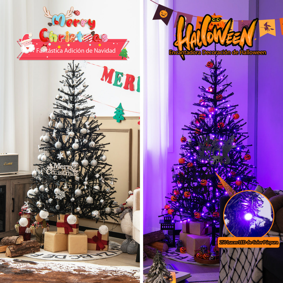 183 cm Árbol Artificial de Halloween Árbol de Navidad Decorativo con 250 Luces LED 791 Puntas de Rama para Hogar Oficina Escuela Negro