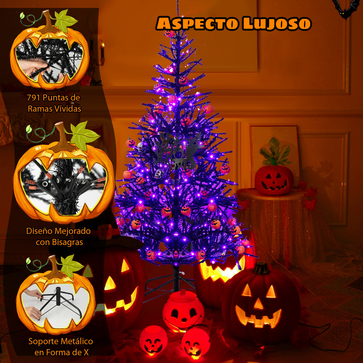 183 cm Árbol Artificial de Halloween Árbol de Navidad Decorativo con 250 Luces LED 791 Puntas de Rama para Hogar Oficina Escuela Negro