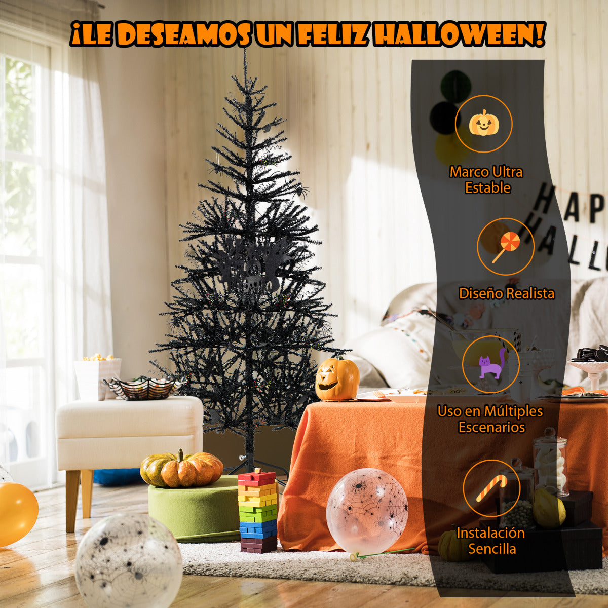 183 cm Árbol Artificial de Halloween Árbol de Navidad Decorativo con 250 Luces LED 791 Puntas de Rama para Hogar Oficina Escuela Negro