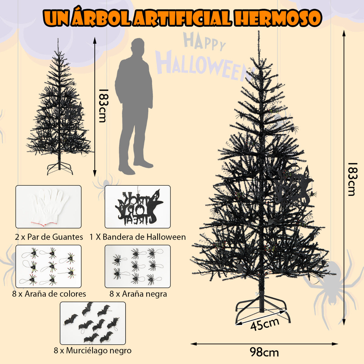 183 cm Árbol Artificial de Halloween Árbol de Navidad Decorativo con 250 Luces LED 791 Puntas de Rama para Hogar Oficina Escuela Negro