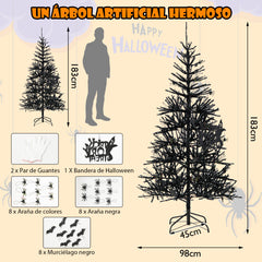 183 cm Árbol Artificial de Halloween Árbol de Navidad Decorativo con 250 Luces LED 791 Puntas de Rama para Hogar Oficina Escuela Negro