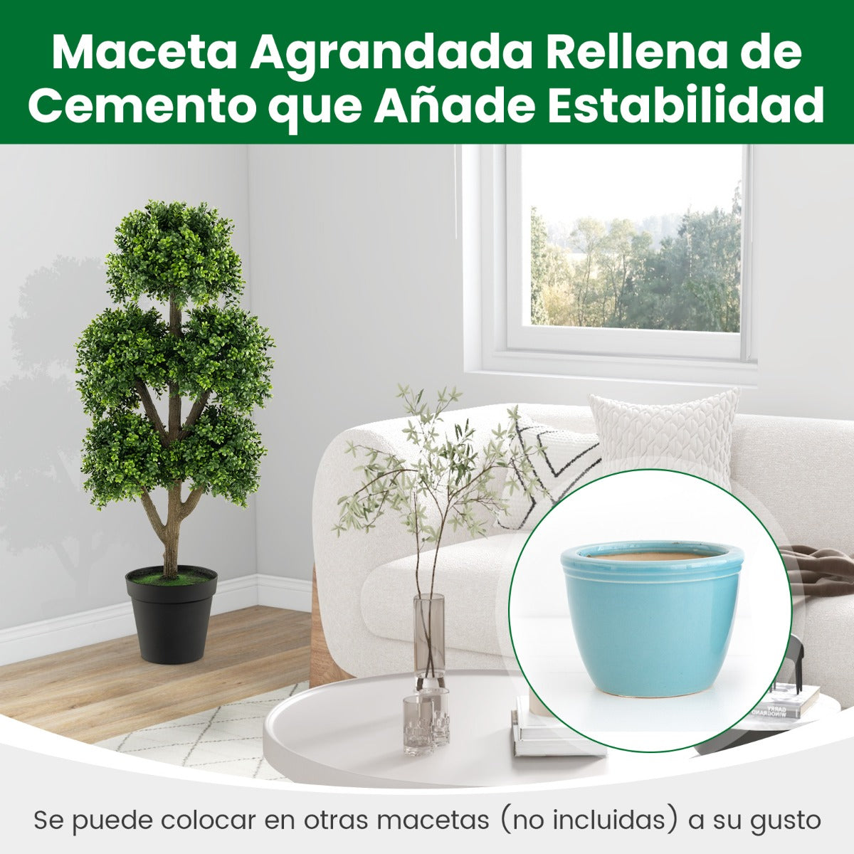 115cm Árbol Artificial de Boj con Maceta con Cemento Árbol Falso de 5 Copas Decoración Interior y Exterior de Oficina Jardín Patio Verde