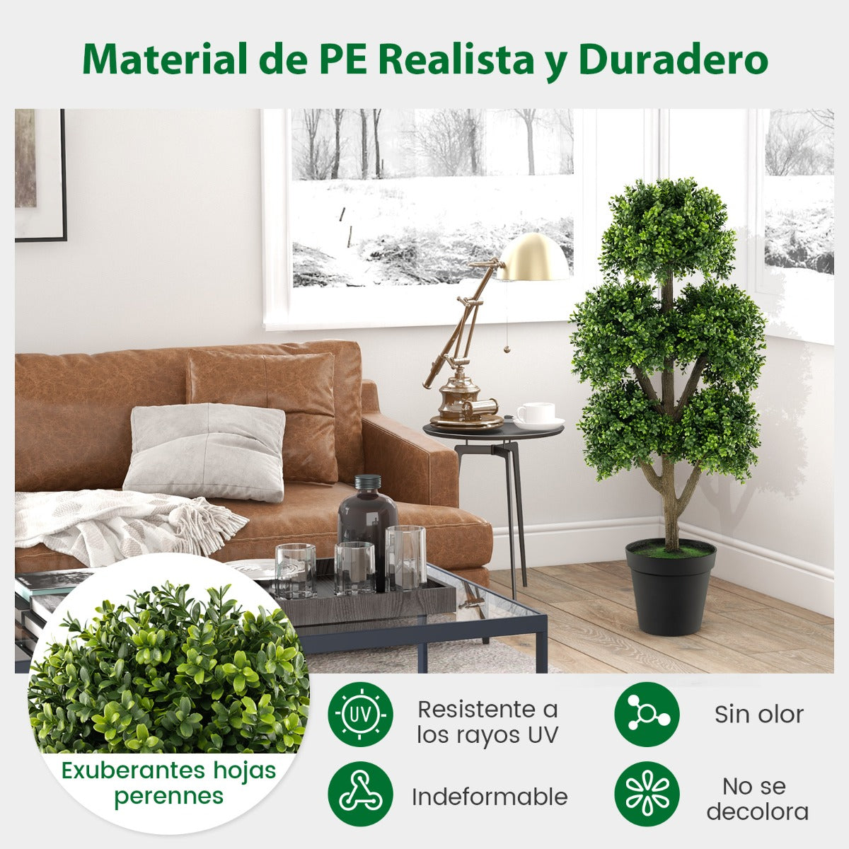115cm Árbol Artificial de Boj con Maceta con Cemento Árbol Falso de 5 Copas Decoración Interior y Exterior de Oficina Jardín Patio Verde