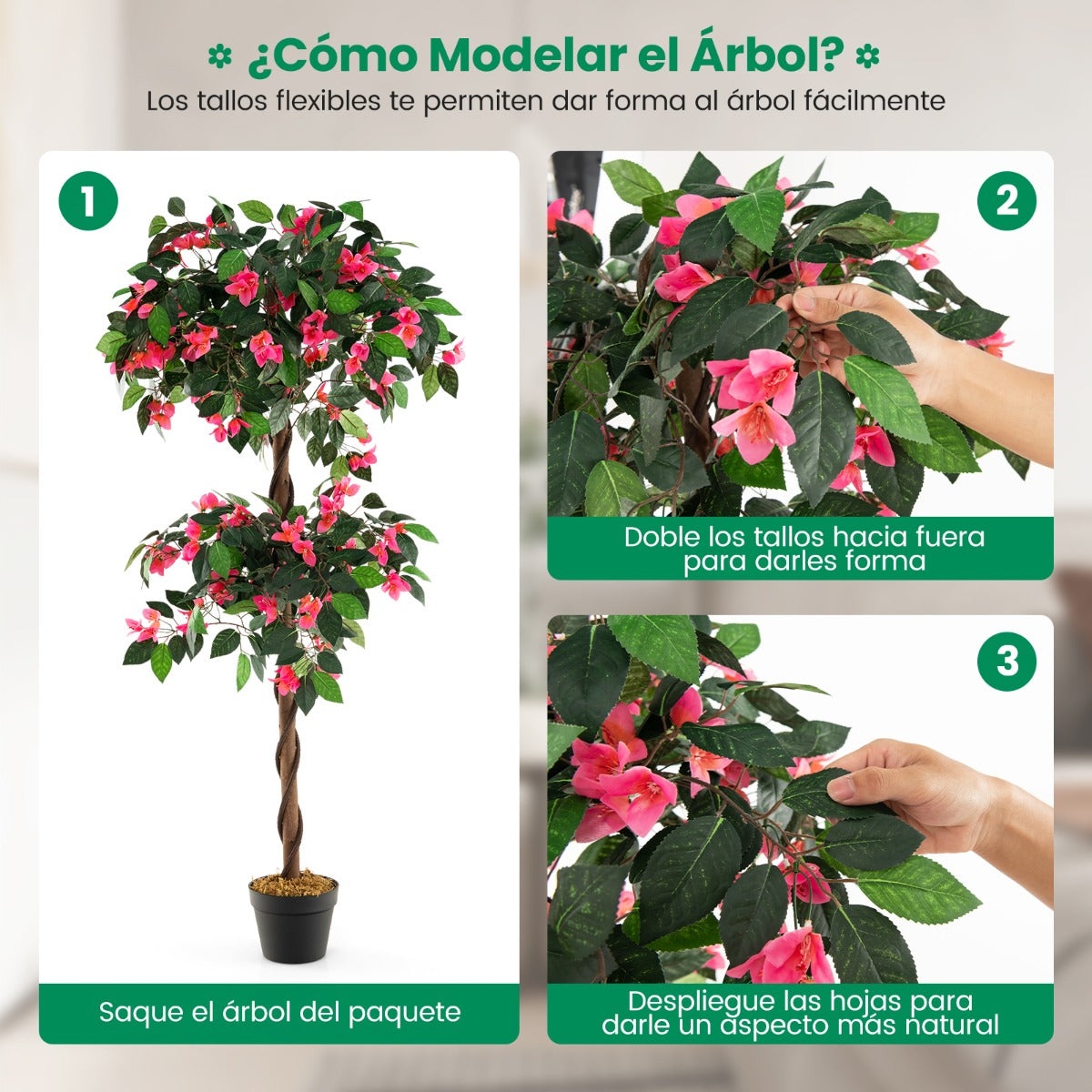 150cm Árbol de Buganvilla Artificial Planta Floral Falsa con 252 Flores 630 Hojas y Tronco de Madera Real Decoración para Hogar Oficina