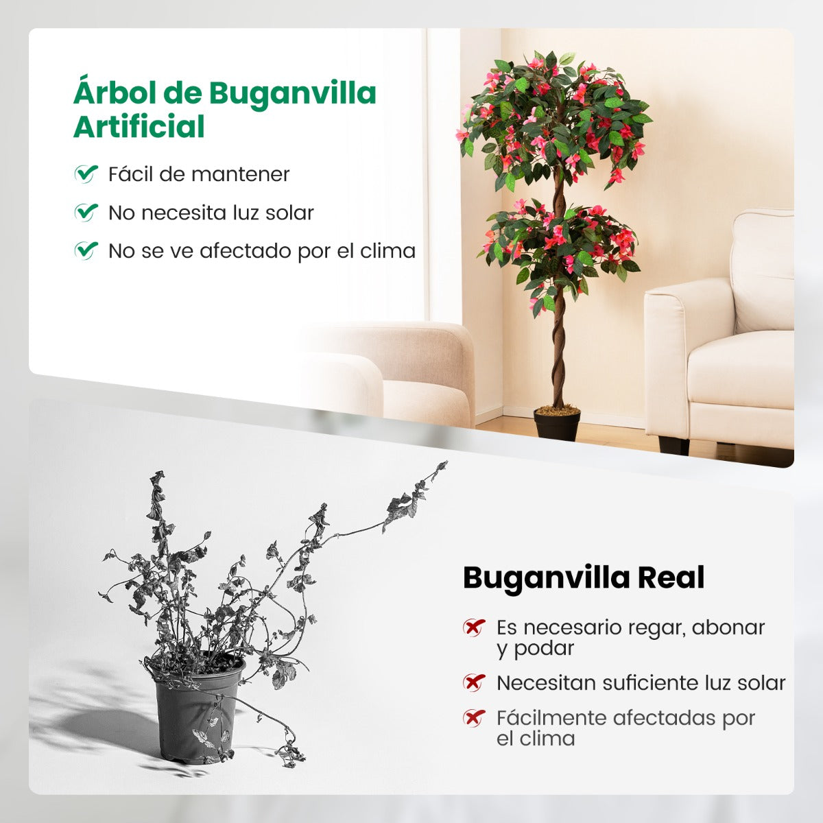 150cm Árbol de Buganvilla Artificial Planta Floral Falsa con 252 Flores 630 Hojas y Tronco de Madera Real Decoración para Hogar Oficina