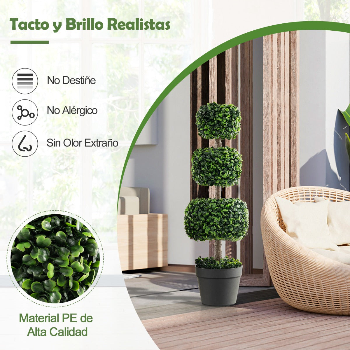 75 cm Árbol Artificial de Bola de Boj con Llena de Cemento Planta de Boj en Forma de 3 Cuadrados de Hogar Oficina Jardín y Entrada Verde