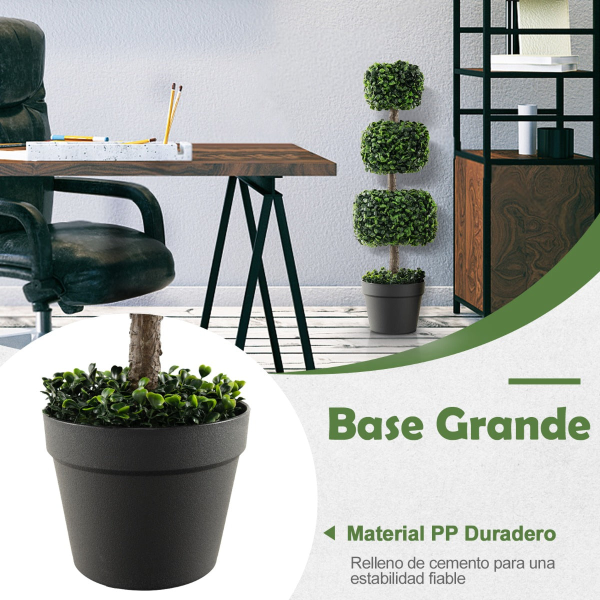 75 cm Árbol Artificial de Bola de Boj con Llena de Cemento Planta de Boj en Forma de 3 Cuadrados de Hogar Oficina Jardín y Entrada Verde