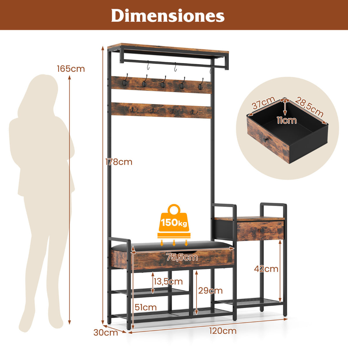 Árbol de Entrada con Banco para Zapatos 178 cm Perchero Independiente con Estante 12 Ganchos Cajón Banco de Entrada Industrial Marrón