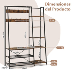Perchero Árbol de Entrada con Banco de Almacenamiento 5 en 1 con 9 Ganchos Estantes Marco Metálico para Recibidor Salón Dormitorio Marrón