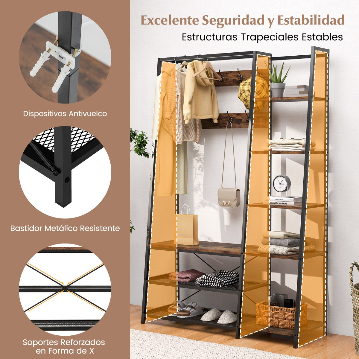 Perchero Árbol de Entrada con Banco de Almacenamiento 5 en 1 con 9 Ganchos Estantes Marco Metálico para Recibidor Salón Dormitorio Marrón