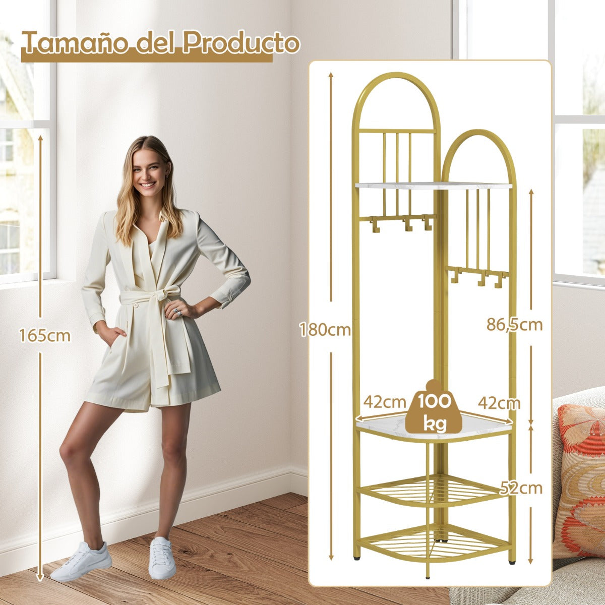 Árbol de Entrada de Esquina Perchero de 4 Niveles con Banco para Zapatos Organizador para Zapatos Alto 180 cm Perchero de Pie Blanco
