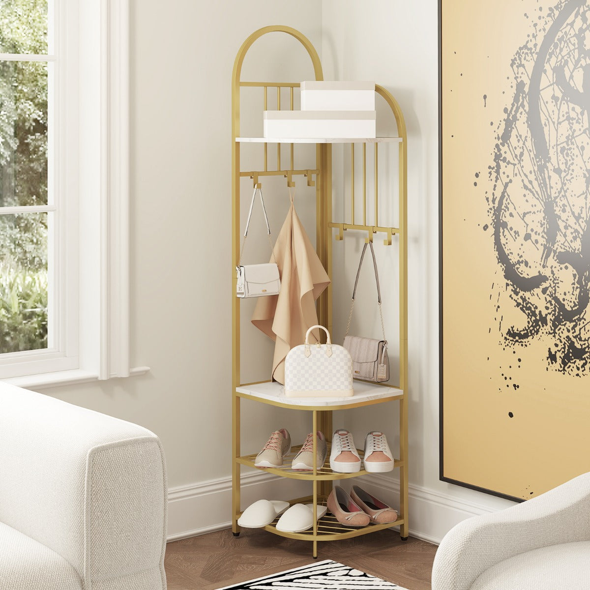 Árbol de Entrada de Esquina Perchero de 4 Niveles con Banco para Zapatos Organizador para Zapatos Alto 180 cm Perchero de Pie Blanco