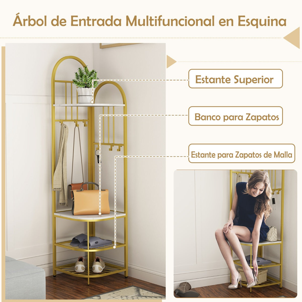 Árbol de Entrada de Esquina Perchero de 4 Niveles con Banco para Zapatos Organizador para Zapatos Alto 180 cm Perchero de Pie Blanco