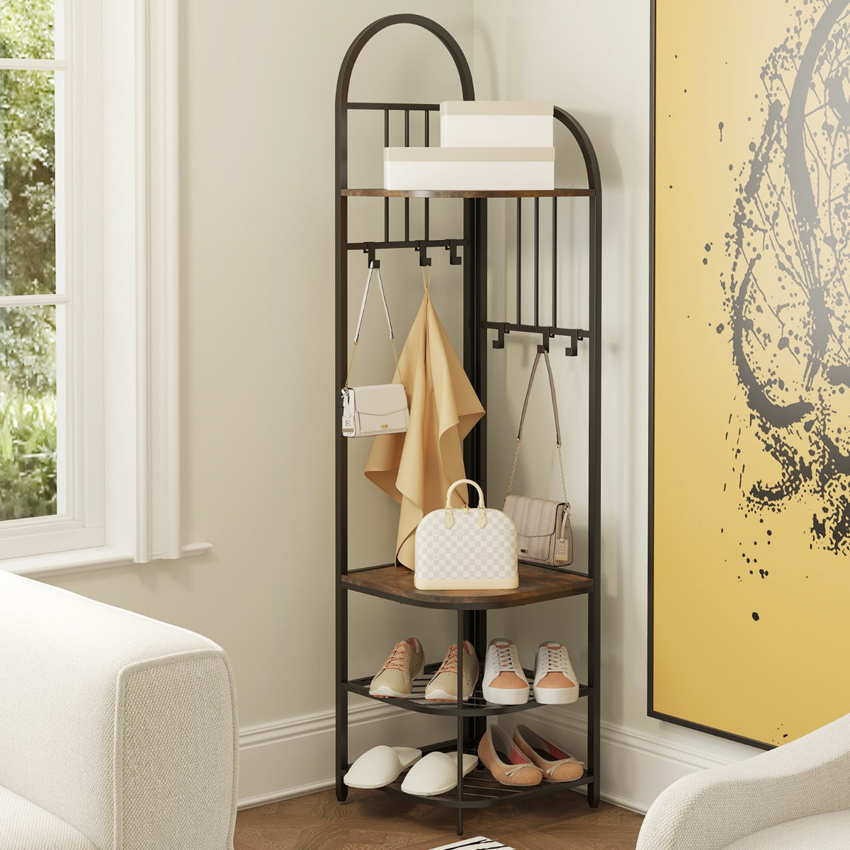Árbol de Entrada de Esquina Perchero de 4 Niveles con Banco para Zapatos Organizador para Zapatos Alto 180 cm Perchero de Pie Marrón