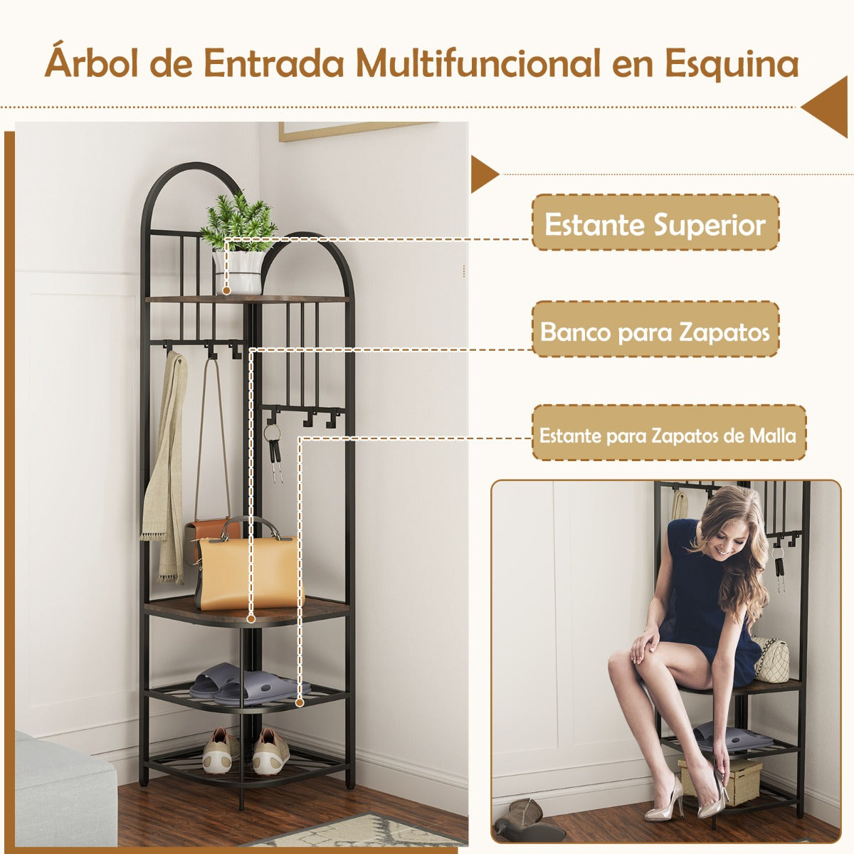 Árbol de Entrada de Esquina Perchero de 4 Niveles con Banco para Zapatos Organizador para Zapatos Alto 180 cm Perchero de Pie Marrón