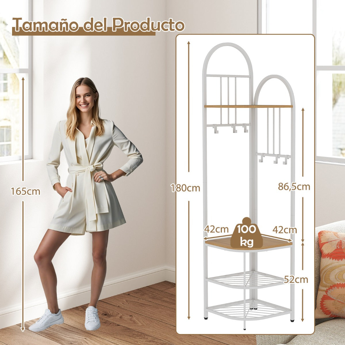 Árbol de Entrada de Esquina Perchero de 4 Niveles con Banco para Zapatos Organizador para Zapatos Alto 180 cm Perchero de Pie Natural