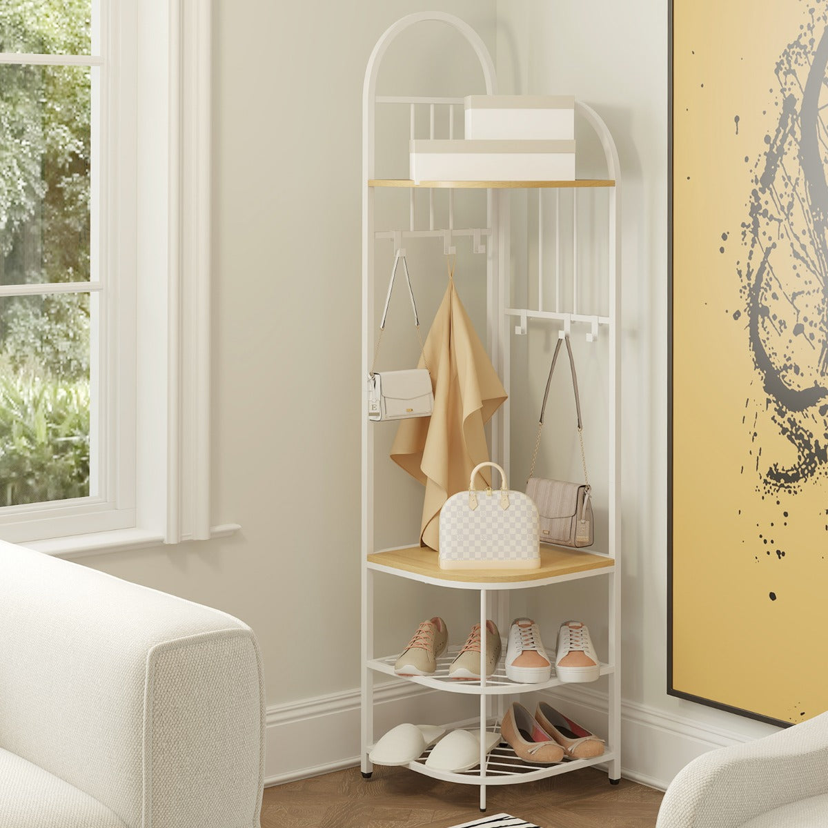 Árbol de Entrada de Esquina Perchero de 4 Niveles con Banco para Zapatos Organizador para Zapatos Alto 180 cm Perchero de Pie Natural