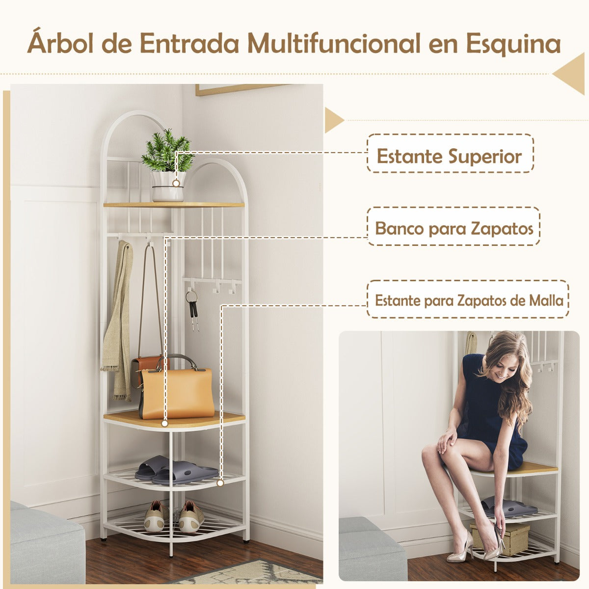 Árbol de Entrada de Esquina Perchero de 4 Niveles con Banco para Zapatos Organizador para Zapatos Alto 180 cm Perchero de Pie Natural