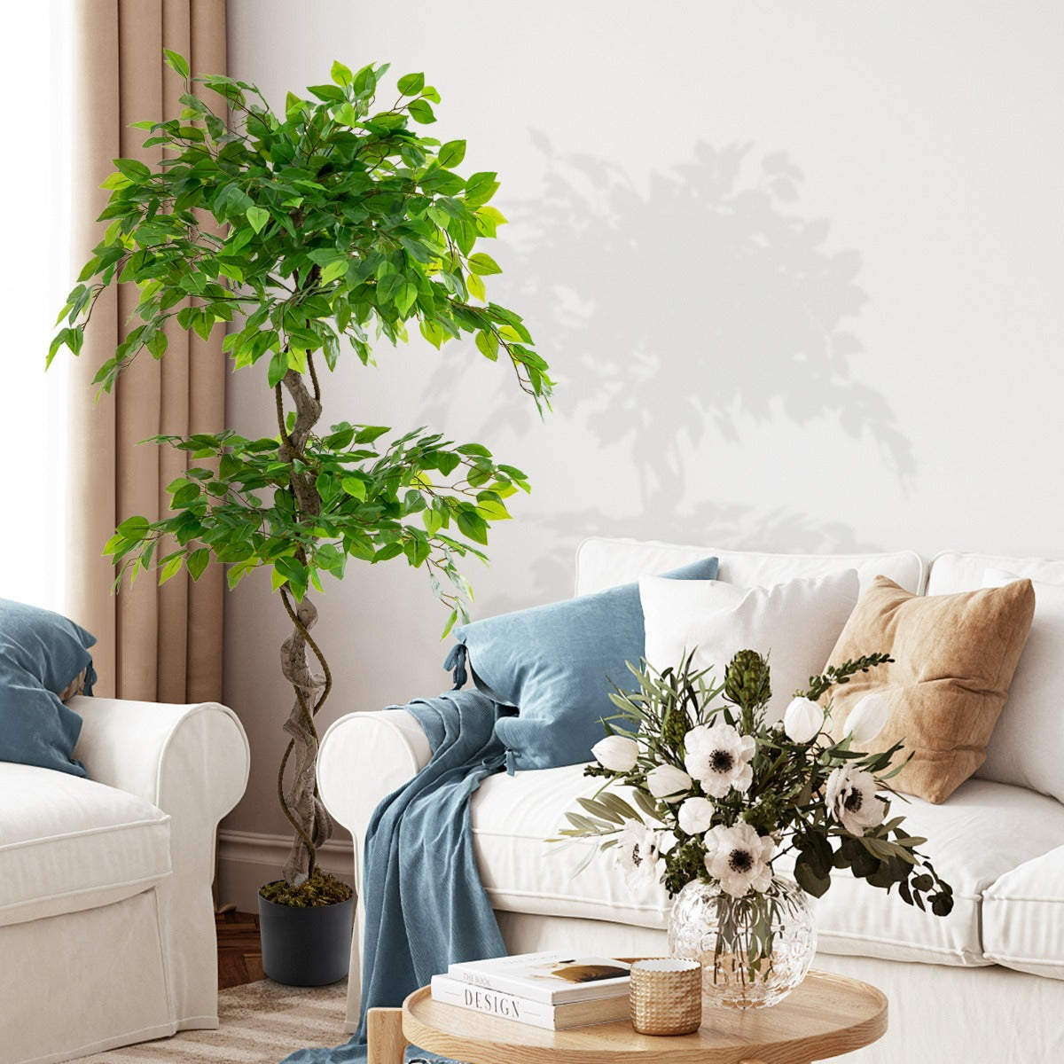 150 cm Árbol de Ficus Artificial con Maceta 882 Hojas Tronco Realista Musgo Seco Planta Realista en Maceta para Interior Exterior Verde